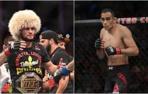 Left: MMA: UFC 242- Khabib Nurmagomedov (© Per Haljestam-USA TODAY Sports) Right: MMA: UFC 229-Tony Ferguson (© Stephen R. Sylvanie-USA TODAY Sports)